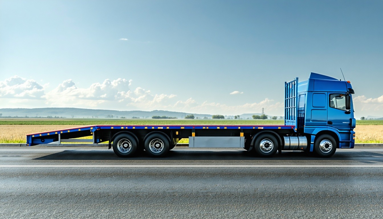 I want to see a photorealistic photo of a standard flatbed trailer semi